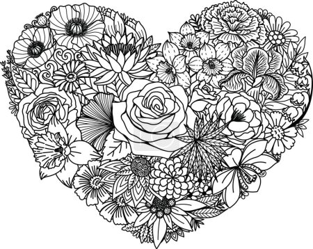 Illustration for Floral Various flowers in heart shape, for paper cut, laser cut, card making, coloring page and so on. Vector illustration. - Royalty Free Image