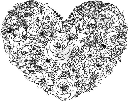 Ilustración de Various flowers in heart shape, for paper cut, laser cut, card making, coloring page and so on. Vector illustration. - Imagen libre de derechos