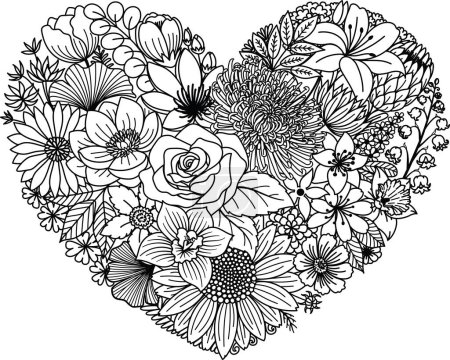 Ilustración de Various flowers in heart shape, for paper cut, laser cut, card making, coloring page and so on. Vector illustration. - Imagen libre de derechos