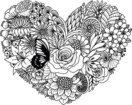 Illustration for Various flowers in heart shape, for paper cut, laser cut, card making, coloring page and so on. Vector illustration - Royalty Free Image