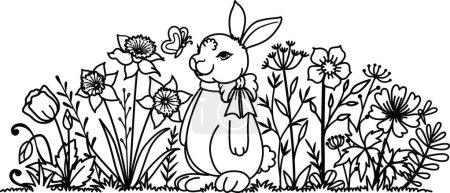 Illustration for Easter bunny on the meadow of daffodils and whildflowers for printing, engraving and so on. Vector illustration. - Royalty Free Image
