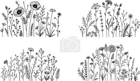 Ilustración de Un conjunto de prados de flores silvestres para imprimir, grabar, cortar con láser, etc. Ilustración vectorial - Imagen libre de derechos