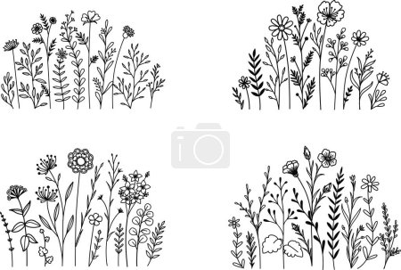Illustration for Set of wildflower meadows for printing, engraving, laser cut and so on. Vector illustration. - Royalty Free Image
