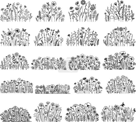 Illustration for Set of twenty hand-drawn wildflower meadows for printing, engraving , coloring and so on. Vector illustration. - Royalty Free Image