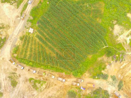 Vue aérienne d'un groupe de camions dans une zone minière de la ville de Cikancung, province de Java occidental, Indonésie. Vue paysage des camions qui attendent en ligne. Fusillade d'un drone volant à 200 mètres de haut.