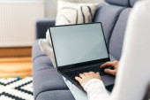 cropped shot of female hands hold notebook pc with mockup screen, typing keyboard and communicate online on couch in living room Poster #619579724