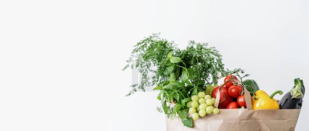 Téléchargez les photos : Nourriture végétarienne saine, légumes frais, fruits et herbes dans un sac en papier sur fond blanc avec espace de copie, concept d'achat d'épicerie - en image libre de droit