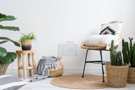 Photo for Apartment with bohemian interior, rattan chair with pillows, plaid in wicker basket, plants and cactus in pots and round rug on floor on white wall background - Royalty Free Image