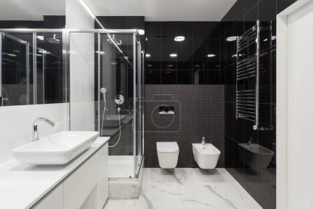 ceramic washbasin with under sink cabinet, wc toilet with concealed cistern tank, bide against black tile on wall. luxury interior in domestic bathroom. glass enclosure in shower cabin