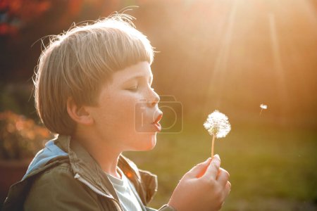 Téléchargez les photos : Funny stylish little school boy blowing dandelion in sunlight. Happy child in nature. Kid enjoy freedom. - en image libre de droit
