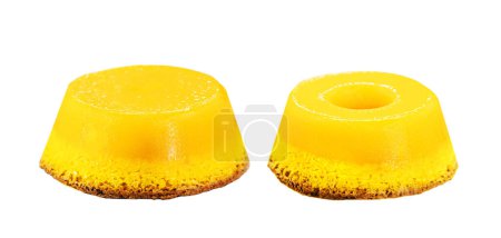 Photo for Brazilian quindim is a typical sweet from the northeast, It corresponds to the Portuguese recipe known as brisa-do-Lis, typical sweet made with eggs, white background, isolated - Royalty Free Image