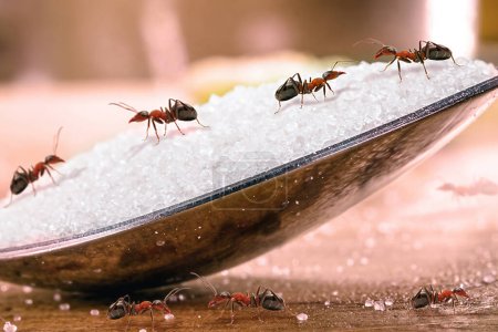 cuchara de azúcar con muchas hormigas rojas, insectos en el interior, peligro de infestación o plaga, macrofotografía