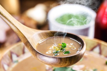 Schöpfkelle Sahne oder Bohnensuppe mit Zutaten im Hintergrund, Peperoni, Speck und Gemüse, typische Suppe des brasilianischen Winters, brasilianisches Essen