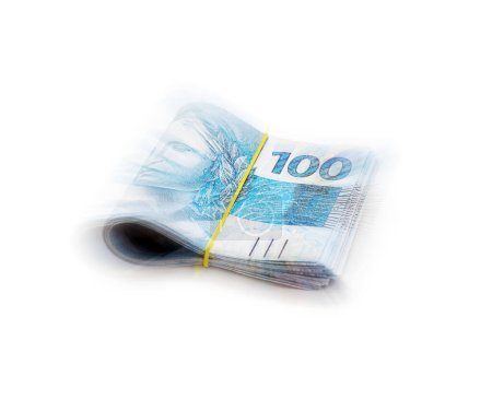Foto de Muchos billetes de 100 reales, dinero brasileño, miles de reales, pago, salario, sobre fondo blanco aislado - Imagen libre de derechos