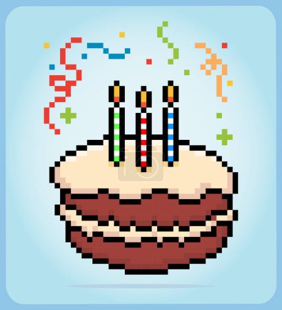 Illustration for 8 bit pixel birthday cake. food item for game assets in vector illustration. - Royalty Free Image