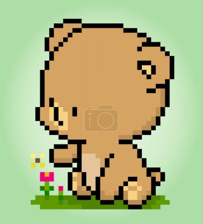 Pixel 8 bit brown bear sitting. Animal game assets in vector illustration.