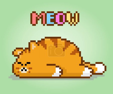 Pixel 8 bit cat is sleeping. Pets for game assets in vector illustrations.