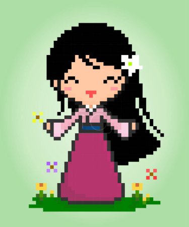 Illustration for 8 bit pixels women wear Hanfu dresses. Chinese girls in vector illustrations for game assets or cross stitch patterns. - Royalty Free Image