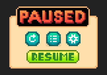 Illustration for 8-bit pixel text, game pause menu. Background icon for game assets in vector illustrations. - Royalty Free Image