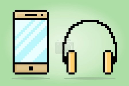 Illustration for 8 bit pixel, modern hardware technology, smartphone and headphone. Icon pixels For game assets and web icons in vector illustrations. - Royalty Free Image