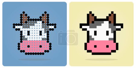 8 bit pixel head of a cow. Animals for game assets in vector illustrations. Beads Pattern of a Cow