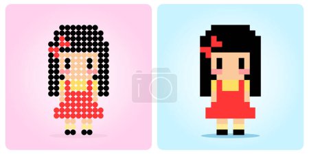 8-bit Pixel Beautiful Girls. Happy kids Cartoon in Vector Illustration. for beads pattern and retro games.