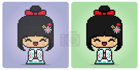 8 Bit Pixels Character Women Wear a Kimono Dress. Adult girl pixels in vector illustrations for cross stitch patterns or beads pattern