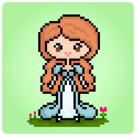 8-bit pixel a Princess in Vector Illustration,  A cute girl for game assets and Beads pattern
