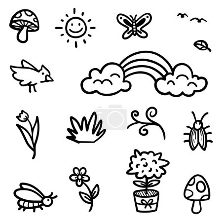 Ilustración de Dibujado a mano Doodle resumen de temas de primavera Incluir objetos y naturaleza en la ilustración vectorial - Imagen libre de derechos