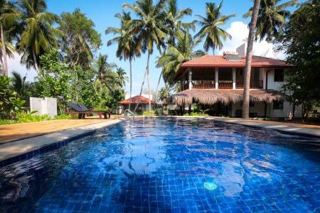 Photo for Tangalle, Sri Lanka - January 19, 2019: A, swimming pool surrounded by palm trees in a luxurious hotel resort Seaside Cabanas. - Royalty Free Image