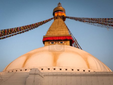 Photo for Katmandu, Nepal - November 9, 2018: A top of ancient Boudhanath (Bouddha) stupa. - Royalty Free Image