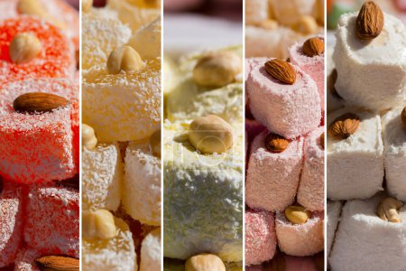 Téléchargez les photos : Collage de rahat lukum coloré avec des noix en flocons de noix de coco. Délice turc - en image libre de droit