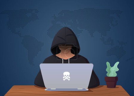 Hacker Hacking On Laptop, Man in Disguise Illustration Vector