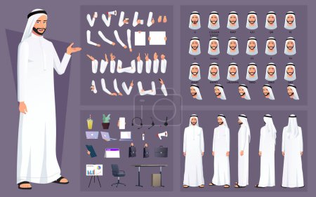Téléchargez les illustrations : Arab Muslim Man Character Constructor Kit with Various face Poses, Animation Ready, body parts, lip-sync et accessoires d'affaires - en licence libre de droit