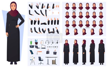 Téléchargez les illustrations : Trousse de création de personnage musulmane arabe avec femme portant une robe noire et un hijab rouge, animation de la bouche de la femme arabe, parties du corps, gestes de la main et articles de bureau - en licence libre de droit