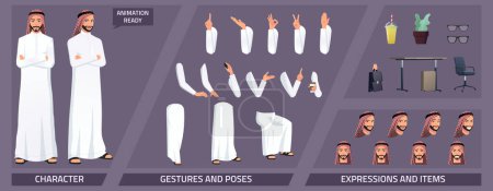 Téléchargez les illustrations : Pack constructeur de caractères arabo-musulman stylisé avec expressions, émotions, poses et certains articles de bureau - en licence libre de droit