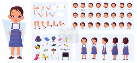Téléchargez les illustrations : Petite Cartoon Girl Character Constructor avec Lip-sync, Vue avant, latérale et arrière, gestes de la main et émotions pour l'animation Illustration vectorielle - en licence libre de droit