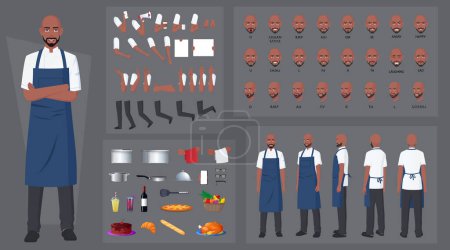 Illustration for Black Chef, Cook Character Creation Set, Man Wearing Blue Apron, with Kitchen Utensils, Mouth Animation and Lip Sync and Posing - Royalty Free Image