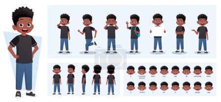 Téléchargez les illustrations : Cartoon Black Boy Character Constructor avec des gestes, des émotions et des actions. Côté enfant, devant, vue arrière. Pièces mobiles pour animation et vecteur Lip-Sync - en licence libre de droit