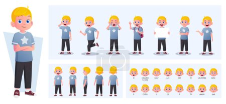 Téléchargez les illustrations : Cartoon Blonde Boy Character Constructor et Animation Pack avec des gestes, des émotions et des actions. Côté petit garçon, devant, vue arrière. Pièces mobiles pour animation et vecteur Lip-Sync - en licence libre de droit