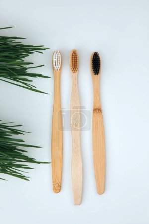 Foto de Wooden, bamboo toothbrushes on a white background with green grass. Eco friendly products. Flat lay - Imagen libre de derechos