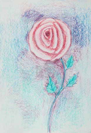 Téléchargez les photos : Rose rose dessin sur un fond bleu. La technique de tamponnage près des bords donne un effet de mise au point doux en raison de la rugosité de surface modifiée du papier. - en image libre de droit