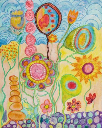 Photo for Colorful hippie doodle of whimsical flowers. The dabbing technique near the edges gives a soft focus effect due to the altered surface roughness of the paper. - Royalty Free Image