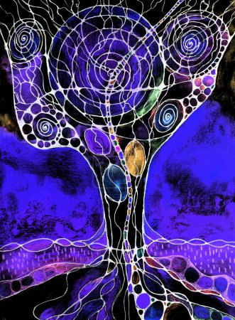 Photo for Colorful cosmic tree of life in the night. The dabbing technique near the edges gives a soft focus effect due to the altered surface roughness of the paper. - Royalty Free Image