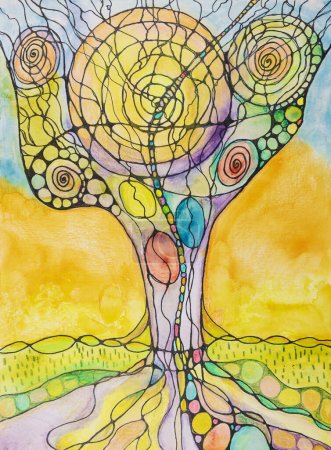 Photo for Bright and colorful cosmic tree of life. The dabbing technique near the edges gives a soft focus effect due to the altered surface roughness of the paper. - Royalty Free Image