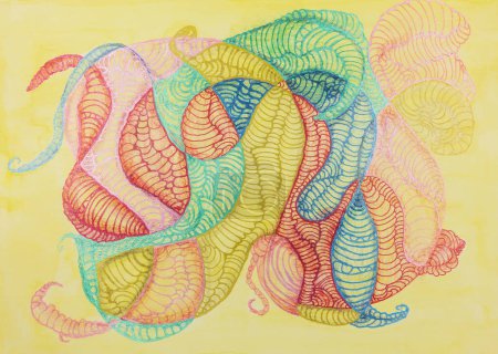 Photo for Doodle of organic shapes with swirls on yellow background. The dabbing technique near the edges gives a soft focus effect due to the altered surface roughness of the paper. - Royalty Free Image