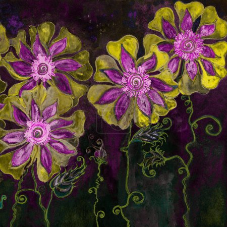 Téléchargez les photos : Fleurs dorées psychédéliques avec fond violet foncé. La technique de tamponnage près des bords donne un effet de mise au point doux en raison de la rugosité de surface modifiée du papier. - en image libre de droit