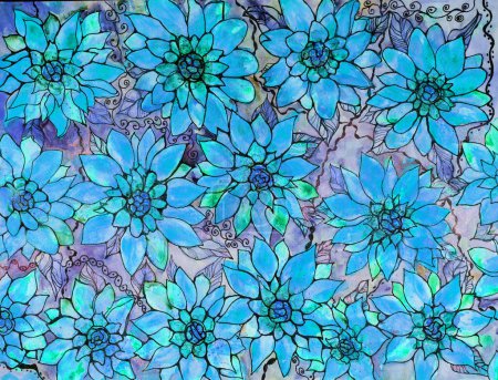 Téléchargez les photos : Caniche de fleurs bleues décoratives. La technique de tamponnage près des bords donne un effet de mise au point doux en raison de la rugosité de surface modifiée du papier. - en image libre de droit