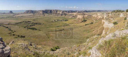 Photo for Panorama from the South Overlook of Scotts Bluff National Monument with the access road, the Oregon Trail and Mitchell Pass - Royalty Free Image