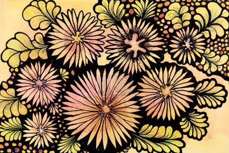 Floral doodle with colorful dots on the background. The dabbing technique near the edges gives a soft focus effect due to the altered surface roughness of the paper.